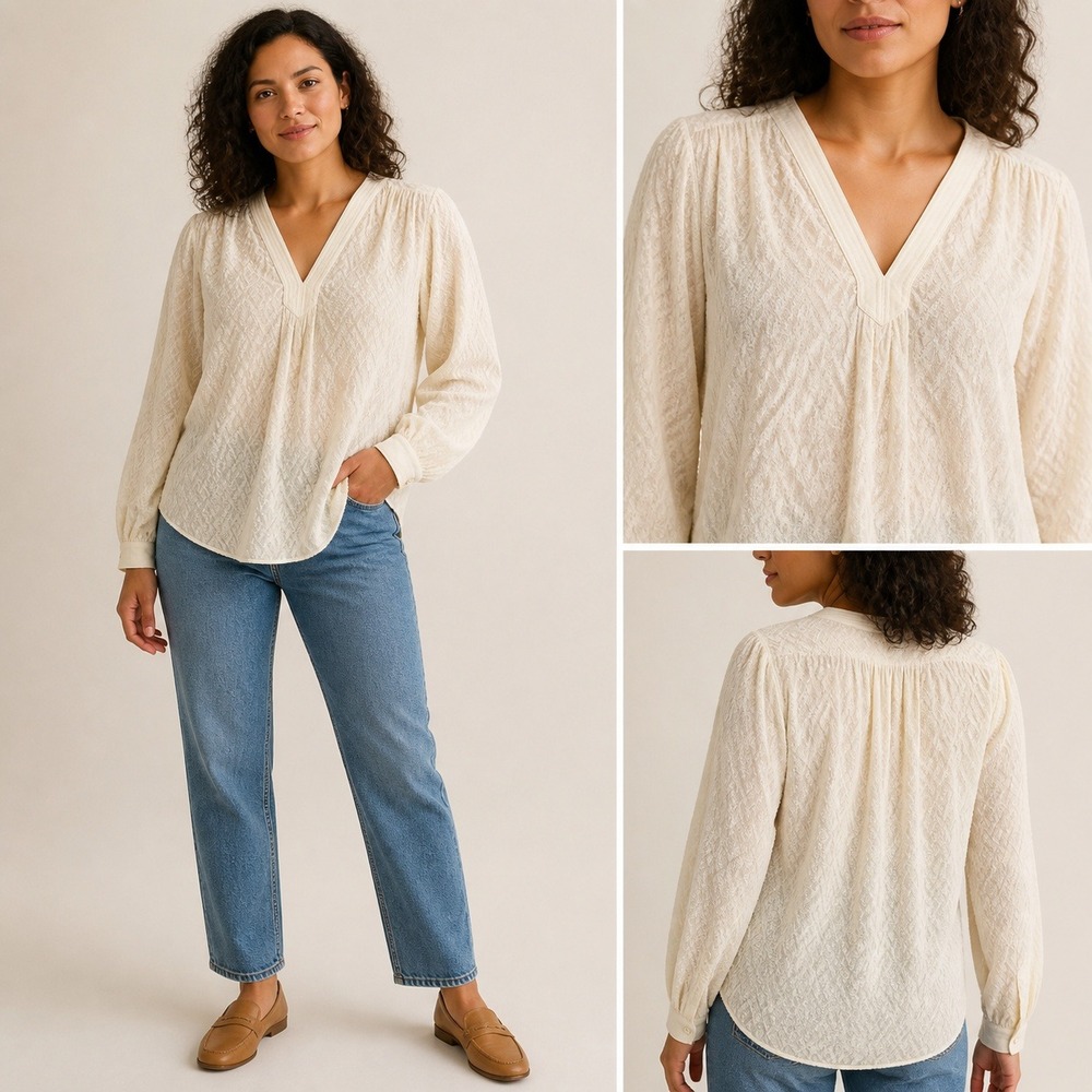 Rebecca Taylor Cream Silk Cotton Blend Diamond Jacquard V-Neck Blouse Womens 6
